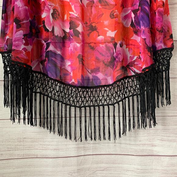 Catalina Pink and Red Floral Swimsuit Cover Up Fringe Cardigan Kimono Size L - Picture 12 of 16